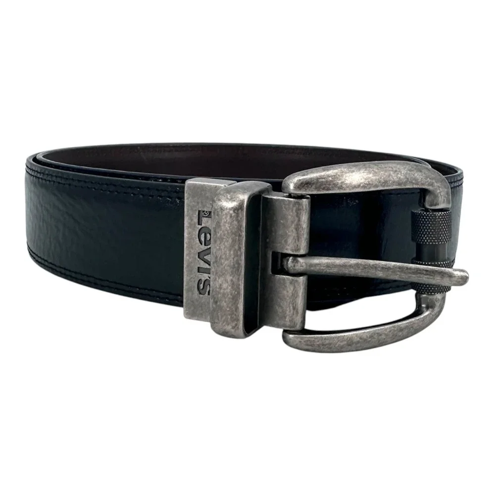 Vintage Levi's Men's Belt Medium 34/36 Black Leather Silver Roller Buckle